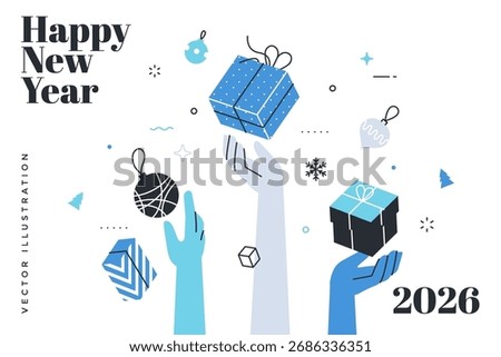 Vector illustration of a happy New Year postcard with hands, gifts, holiday decorations, and the year 2026. Flat thin line style for web design and print template