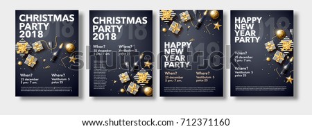 vector illustration of happy new year 2018 gold and black collors place for text christmas balls star champagne glass flayer brochure  2019 2020