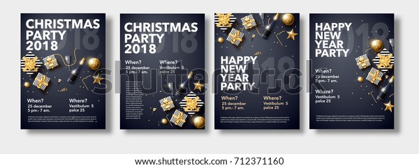 vector illustration of happy new year 2018 gold and black collors place for text christmas balls star champagne glass flayer brochure  2019 2020