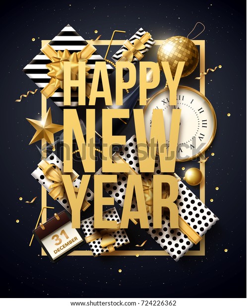 vector illustration of happy new year 2018 gold and black collors place for text christmas balls star champagne glass 2019 2020