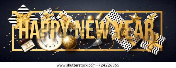 vector illustration of happy new year 2018 gold and black collors place for text christmas balls star champagne glass 2019 2020
