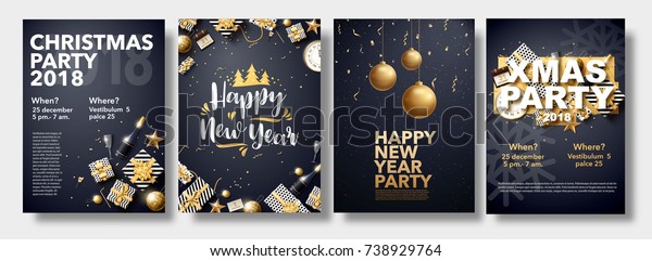 vector illustration of happy new year 2018 gold and black collors place for text christmas balls star champagne glass flayer brochure  2019 2020