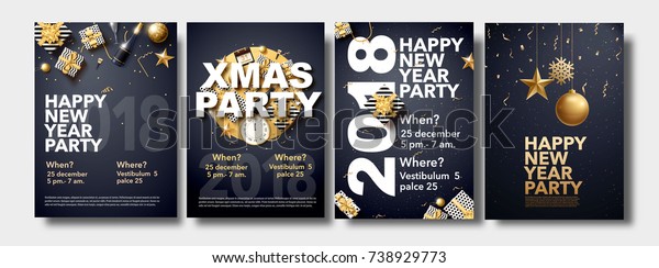 vector illustration of happy new year 2018 gold and black collors place for text christmas balls star champagne glass flayer brochure  2019 2020