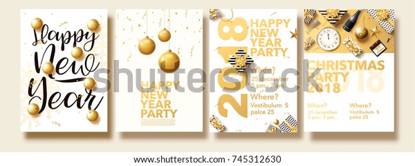 vector illustration of happy new year 2018 gold collors place for text christmas balls star champagne glass flayer brochure top view 2019 2020