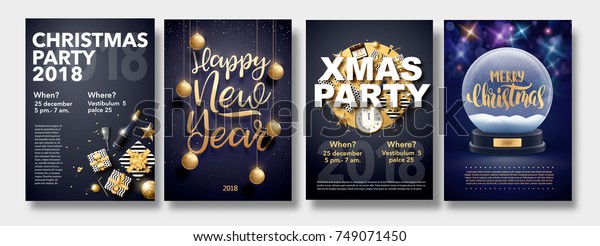 vector illustration of happy new year 2018 gold and black collors place for text christmas balls star champagne glass flayer brochure  2019 2020