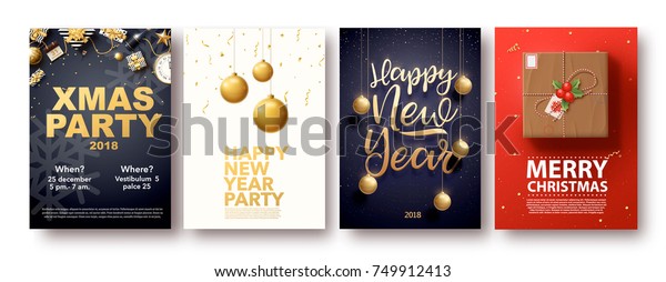 vector illustration of happy new year 2018 gold and black collors place for text christmas balls star champagne glass flayer brochure  2019 2020