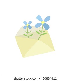 Vector illustration "Happy news" - an opened postal envelope with two flowers inside. 
