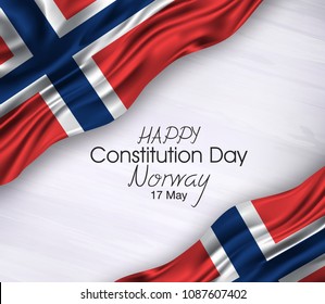 Vector illustration of Happy Norway Constitution Day 17 May. Waving flags isolated on gray background.