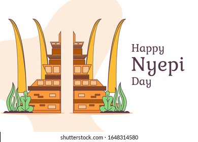 vector illustration happy nyepi day 1 caka 1942  or in indonesian language selamat hari raya nyepi 25 maret 2020. indonesian balinese hindu etnich tradition. traditional culture bali with pura temple.