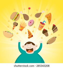 Vector illustration of a happy obese man with various fast foods above him.