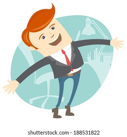 Vector Illustration of Happy office man  in front of his working place