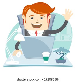 Vector Illustration of Happy Office man sitting at his working desk