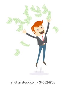 Vector illustration Happy office man hipster  throwing money
