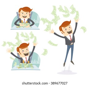 Vector illustration Happy office man hipster throwing and holding  money at his desk