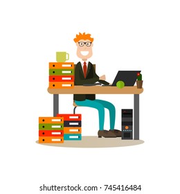 Vector illustration of happy office worker male sitting at office desk and using laptop. Business people flat style design element, icon isolated on white background.