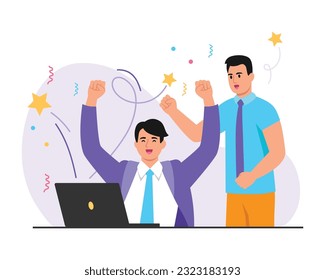 Vector illustration of happy office workers looking at laptops. Cartoon scene with smiling men looking at laptops and celebrating victory with streamers, confetti isolated on white. Business team.