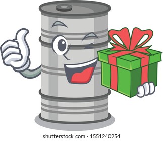 Vector illustration of happy oil drum with gift box