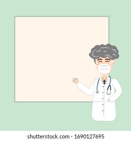 Vector illustration of happy old man doctor wearing the medical face mask and show his hand on blank board. Copy space for add text.