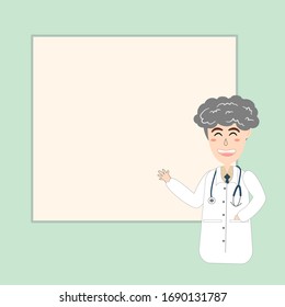 Vector illustration of happy old man doctor show his hand on blank board. Copy space for add text.