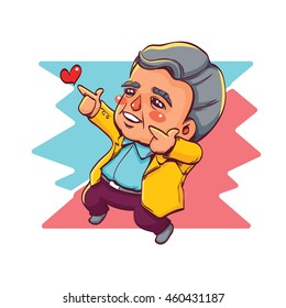 Vector Illustration of Happy Old Man with Two Hands Pointing Up High Aim for Love, Cute Cartoon Character
