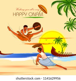 vector illustration of Happy Onam background for Festival of South India Kerala with Kalaripayattu dance form