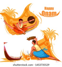 vector illustration of Happy Onam background for Festival of South India Kerala with Kalaripayattu dance form