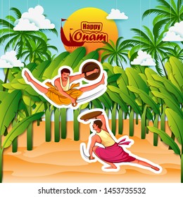 vector illustration of Happy Onam background for Festival of South India Kerala with Kalaripayattu dance form