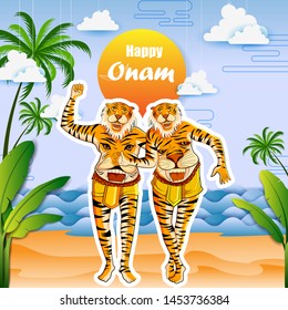 vector illustration of Happy Onam background for Festival of South India Kerala with Puli Kali dancer