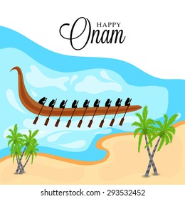 Vector illustration of Happy Onam background with boat racing.