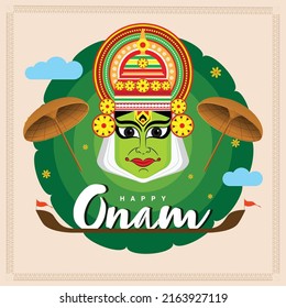 vector illustration Happy onam. colourful Kathakali face, snake boat and umbrella 