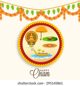 Vector illustration of Happy Onam decoration with rangoli for onam celebration.