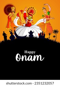 vector illustration of Happy Onam Festival background of Kerala with Kathakali dancer and King Mahabali