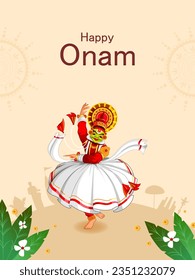 vector illustration of Happy Onam Festival background of Kerala with Kathakali dancer