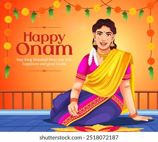 Ilustração vetorial do Happy Onam Festival of South India Kerala celebrando a bandeira, o feed das mídias sociais e as histórias do papel de parede. Uma mulher fazendo um Rangoli de flores em Onam