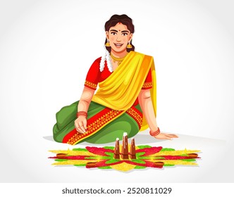 Ilustração vetorial do design de personagem de celebração do Happy Onam Festival. Onam festival do Sul da Índia Kerala. Uma mulher fazendo um rangoli de flores no chão em Pookkalam Onam