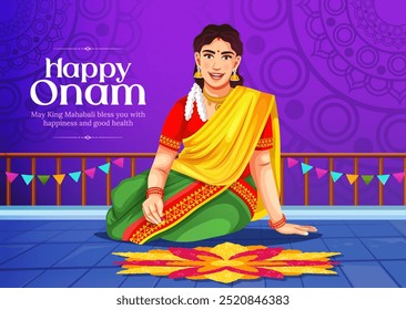 Vector illustration of Happy Onam Festival celebration for banner, social media feed, and wallpaper stories. Happy Onam festival of South India Kerala. A woman making a rangoli of flowers at Pookkalam