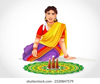 Ilustração vetorial do design de personagem de celebração do Happy Onam Festival. Onam festival do Sul da Índia Kerala. Uma mulher fazendo um rangoli no chão em Pookkalam Onam