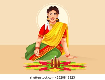 Ilustração vetorial do design de personagem de celebração do Happy Onam Festival. Feliz festival Onam do Sul da Índia em Kerala. Uma mulher fazendo um rangoli de flores no chão em Pookkalam Onam
