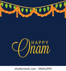 Vector illustration of Happy Onam text on blue background.