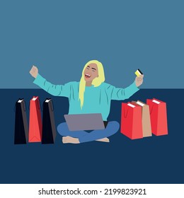 vector illustration with happy online shopping woman 