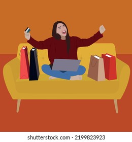 vector illustration with happy online shopping woman 