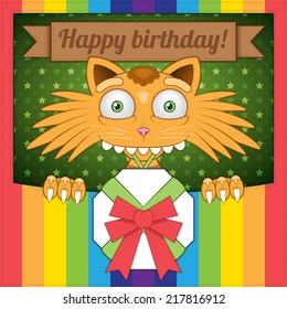 Vector illustration. Happy orange cartoon cat holding a gift in the mouth. Greeting card for birthday. Closeup.