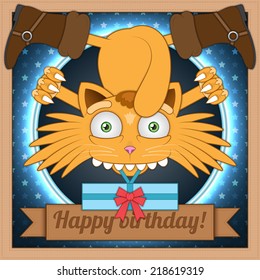 Vector illustration. Happy orange cartoon puss in boots holding a gift in the mouth. Greeting card for birthday. Closeup.