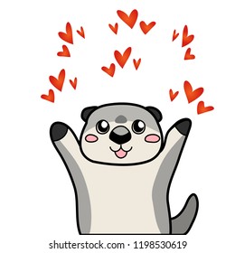 Vector illustration, happy otter with hearts Applicable to illustrate: getting likes from social networks, giving likes, attraction to something, falling in love etc.