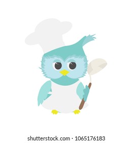 Vector illustration of a happy owl chef on white isolated background. Template for the design of the menu, poster, album.