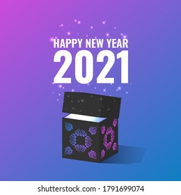 Vector illustration of happy ox or bull chinese new year 2021 white numeral with snowflakes ornament  on colorful neon background with dark gift box. 