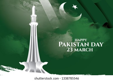 Vector Illustration. Happy Pakistan Day On March 23rd. National Holiday In Pakistan Commemorating The Lahore Resolution Passed On 23 March 