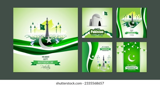 Vector illustration of Happy Pakistan Independence Day social media story feed mockup template