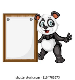 Vector Illustration of a Happy Panda. Cute Cartoon Panda Standing Next to a Banner Isolated on a White Background. Happy Animals Set