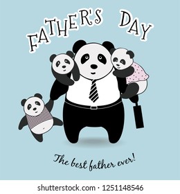 vector illustration of happy Panda father with children, picture for father's Day